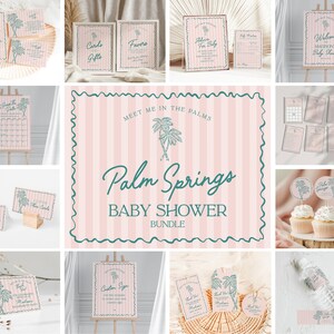 Puede incluir: Un conjunto de decoraciones para baby shower con temática de Palm Springs. Los artículos incluyen letreros, tarjetas, adornos para cupcakes y etiquetas para botellas de agua. La combinación de colores es rosa y blanco con un diseño de palmera turquesa.