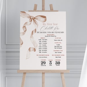 Plantilla imprimible de letrero de hito del primer año con lazo beige, fiesta temática de lazo preppy coqueta neutral para una elegante niña sureña con lazo grandmillenial