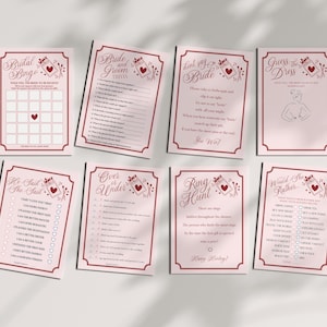 May include: Eight pink bridal shower game cards with red borders are displayed. Games include "Bridal Bingo," "Bride and Groom Trivia," and "Don't Say Bride." Each card features decorative elements and text, perfect for a hen party.
