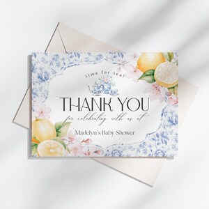Modèle imprimable carte de remerciement bleu chinoiserie, goûter citron pour anniversaire de fille goûter, toile de saule garden party WP1001