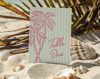 Grün Palm Springs Tischnummer Karten Vorlage, Vintage Palme Strand Cabana Geburtstag Pool Party Tropisches Pastell Bachelorette Thema WS1047