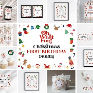 Oh What Fun it is to be One First Birthday Bundle Printable, template instant download Christmas gender neutral Winter 1st birthday party