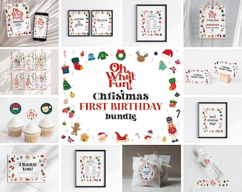 May include: A selection of Christmas-themed party decorations, including invitations, signs, cupcake toppers, and favour tags. Designs feature festive illustrations and the text "Oh What Fun! Christmas First Birthday Bundle."