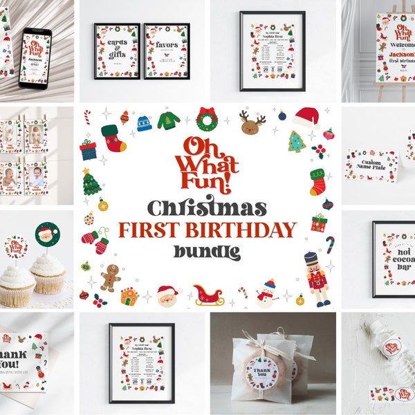 Oh What Fun it is to be One First Birthday Bundle Printable, template instant download Christmas gender neutral Winter 1st birthday party