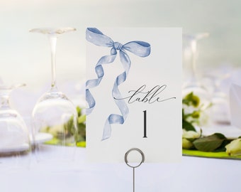 Blue Bow Table Number Cards Printable Template, Neutral preppy coquette bow theme party for fancy southern girl, grandmillenial bow decor