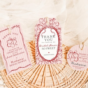 Pink Cherry Coquette Bow Bridal Shower Favor Tags Template, Retro Cherry on Top Bridal Brunch, Hand Drawn Party Decor Doodle Cherries WP1038