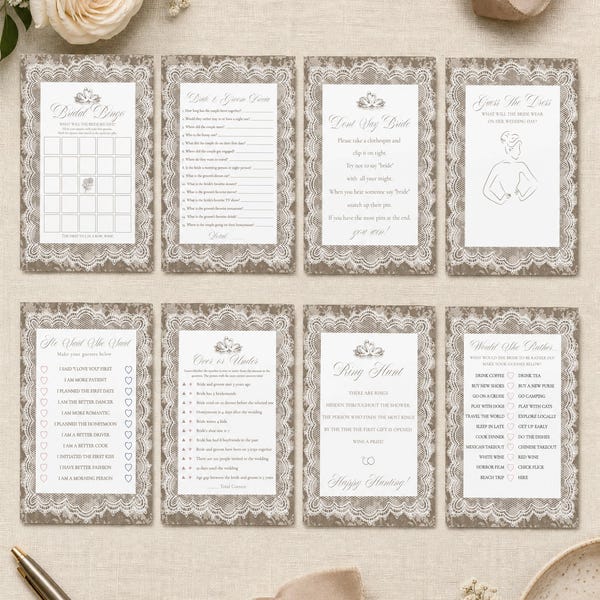 Taupe Lace Doily Bridal Shower Games, Neutral Toile Bridal Game Set, Beige Heirloom Bridal Bingo Trivia Set, Instant Download, WP2008-2