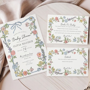 Spring Garden Party Baby Shower Invitation Template, Pastel Floral Baby in Bloom Baby Sprinkle, Coquette Summer Wildflower Bouquet WP1057