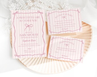 May include: Pink baby shower invitations and inserts with a bow design. The main invitation reads "A Sweet Little Girl Is On Her Way!" and includes event details. Additional cards include "Books for Baby" and "Diaper Raffle" instructions.