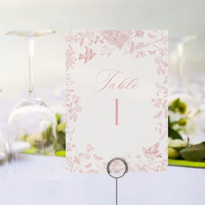 Toile de Jouy rose modèle imprimable cartes numéro de table, fleurs sauvages chinoiseries brunch de la mariée mariage floral Français L'amour est en fleurs WP1011