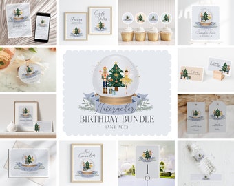 May include: A collection of Nutcracker-themed birthday party supplies. Includes invitations, signs, cupcake toppers, favor tags, and more. Designs feature a snow globe with a Christmas tree, nutcracker, and ballerina.