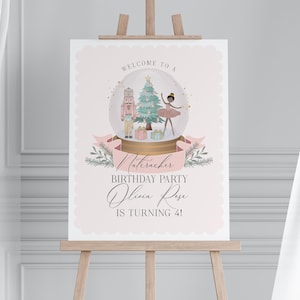 Pastel Pink Nutcracker Birthday Welcome Sign Template, dark skin tone ballerina christmas winter onederland birthday girl sugar plum fairy