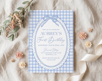 Blue Gingham First Birthday Invitation Template, Coquette Bow Birthday Invite, Garden Party, Editable Corjl Instant Download, WP2001-1