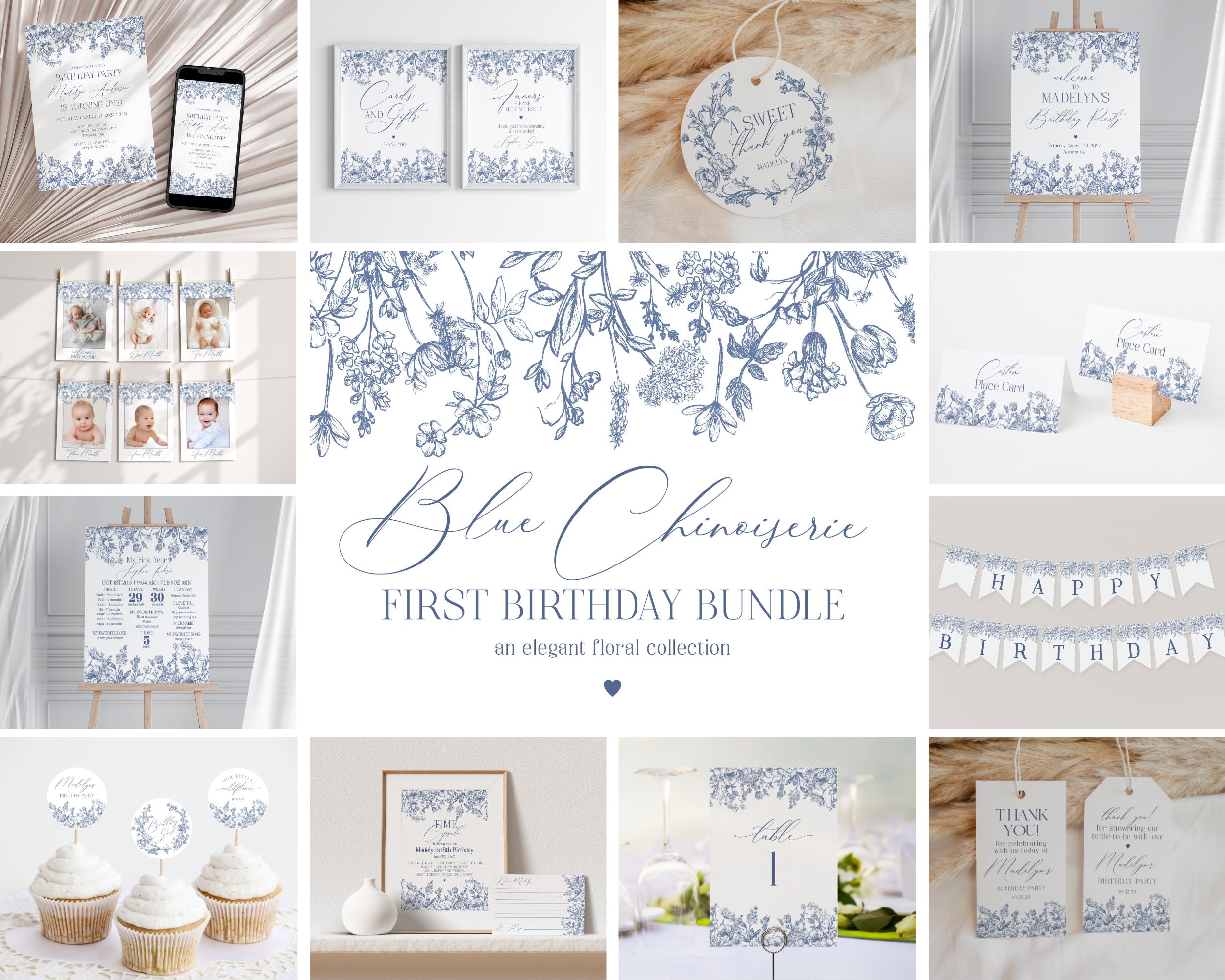 Blue Chinoiserie First Birthday Bundle Printable Template, Elegant Blue Toile Decor for Birthday Party, French Theme Spring Birthday WP1030