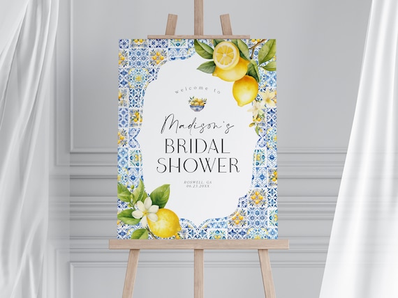 Amalfi Coast Bridal Shower Welcome Sign Printable Template, Lemon Citrus Mediterranean decor with blue tiles, Coastal Italian theme tuscan
