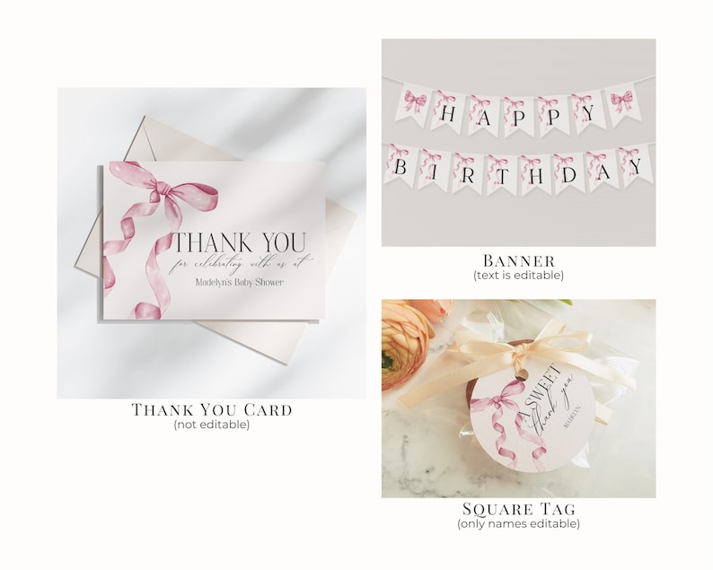 Pink Bow Birthday Bundle Printable Template, Watercolor Preppy Coquette ...