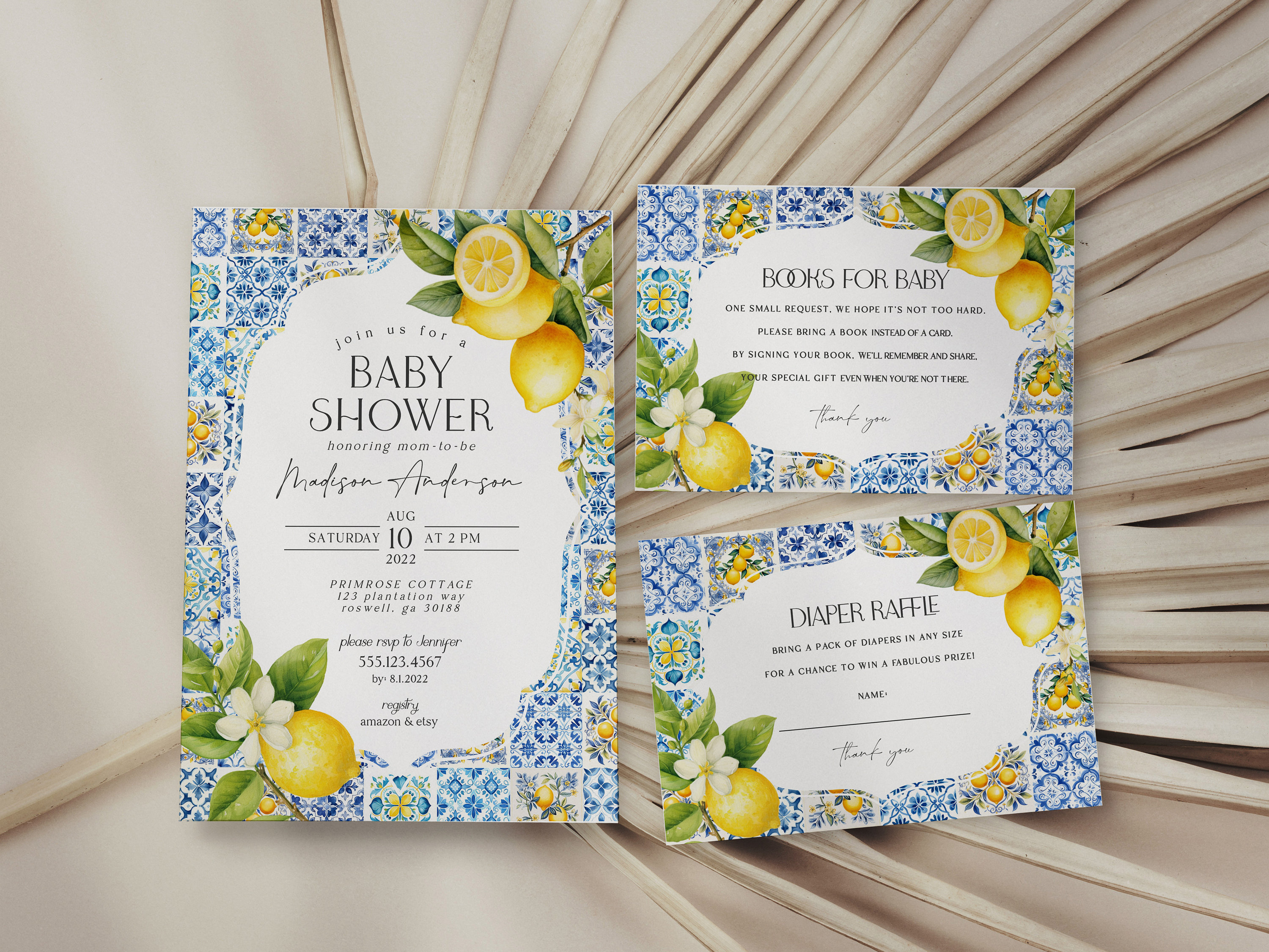 Amalfi Coast Baby Shower Invitation Printable Template, Lemon Citrus Mediterranean shower decor with blue tiles, Italian theme tuscan beach
