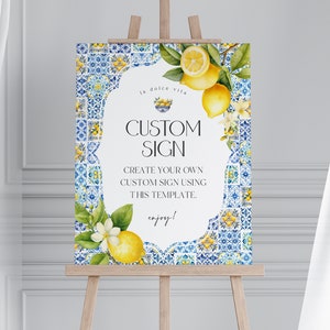 Decorazione per feste stampabile personalizzata con cartello della Costiera Amalfitana per baby shower o addio al nubilato, decorazione per compleanno mediterranea con agrumi, piastrelle blu costiere, tema italiano
