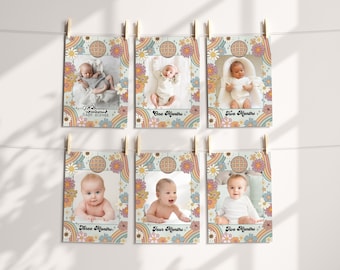 Groovy First Birthday Milestone Banner Template, Monthly Photo Banner 1st Birthday Girl, Retro 70s Daisy Disco One, Instant Download, WP3034