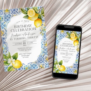 Amalfi Küste Geburtstagseinladung druckbare Vorlage, Citrus Mediterran Geburtstag Dekor mit blauen Fliesen, italienische Küsten Thema toskanische Party