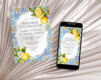 Amalfi Coast Birthday Invitation Printable Template, Citrus Mediterranean bday decor with blue tiles, Italian coastal theme tuscan, WP3016