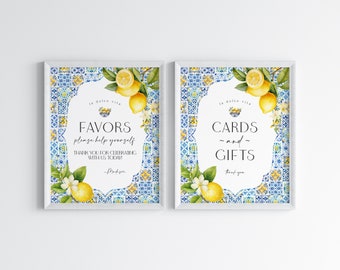 Amalfi Coast Cards & Gifts and Favors Sign Printable Template, Lemon Citrus Mediterranean decor with blue tiles, Italian theme, WP3016