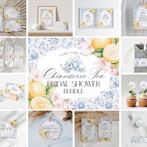 May include: A collection of watercolor-style bridal shower stationery with a "Chinoiserie Tea" theme. The design features lemons, floral patterns, and text elements like "Bridal Shower" and "Thank You". Includes invitations, signs, and tags.