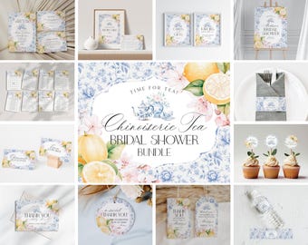 May include: A collection of watercolor-style bridal shower stationery with a "Chinoiserie Tea" theme. The design features lemons, floral patterns, and text elements like "Bridal Shower" and "Thank You". Includes invitations, signs, and tags.