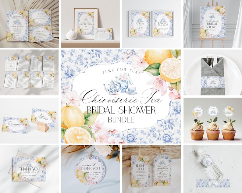 May include: A collection of watercolor-style bridal shower stationery with a "Chinoiserie Tea" theme. The design features lemons, floral patterns, and text elements like "Bridal Shower" and "Thank You". Includes invitations, signs, and tags.