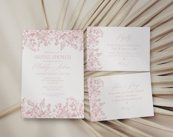 Puede incluir: Un conjunto de invitaciones y tarjetas para una despedida de soltera. La invitación principal presenta detalles del evento con motivos florales rosas. Las tarjetas adicionales proporcionan información sobre el registro y recetas.
