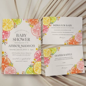 Citrus Floral Baby Shower Invitation Printable Template, Little Cutie Baby Sprinkle for Summer Baby Shower, Gender Neutral Florida Decor