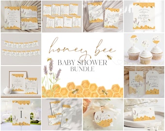 Utskrivbart babyshowerpaket med honungsbi, könsneutral babyshowerinbjudan, utskrivbart babyshowerpaket med humla och spel, WP3041