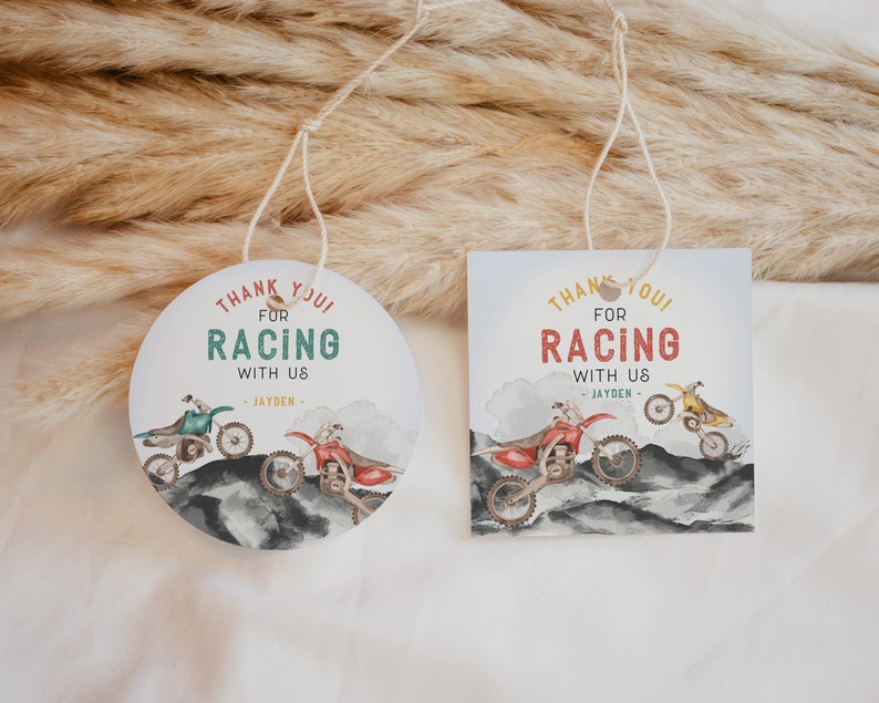 Dirt Bike Baby Shower Circle Favor Tags Printable Template, Little Racer is on the way Race on Over Baby Shower Tag Off-Road Motor Bike image 1