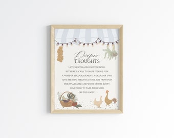 Blauwe boerenmarkt babyshower luier gedachten bord afdrukbare sjabloon, boerderij vers feest voor genderneutrale babyshower lokaal, WP3009-1