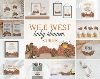 May include: A Wild West-themed baby shower bundle featuring various stationery items. Includes invitations, signs, cupcake toppers, thank you tags, and table cards. The design incorporates desert landscapes, cacti, and a sunset.