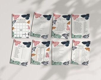 May include: A set of 8 printable baby shower game cards featuring a butterfly theme. The cards include games like "Baby Bingo", "Who Knows Mom Best", "Don't Say Baby", "Would You Rather", "The Price is Right", "Baby Traits", "Nursery Rhyme" and "Celebrity Baby Names".