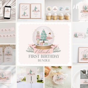 Pastel Pink Nutcracker Winter Onederland First Birthday Bundle Printable, download christmas birthday party for girl sugar plum holiday