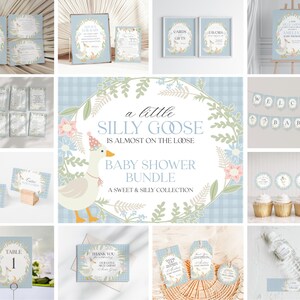 Blue Floral Silly Goose Baby Shower Bundle Printable Template, Little Duck Theme Shower Girl, Pastel Floral Gingham Baby Sprinkle WP1023