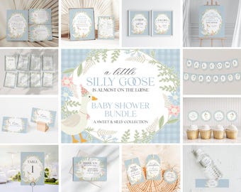Blue Floral Silly Goose Baby Shower Bundle Printable Template, Little Duck Theme Shower Girl, Pastel Floral Gingham Baby Sprinkle WP1023