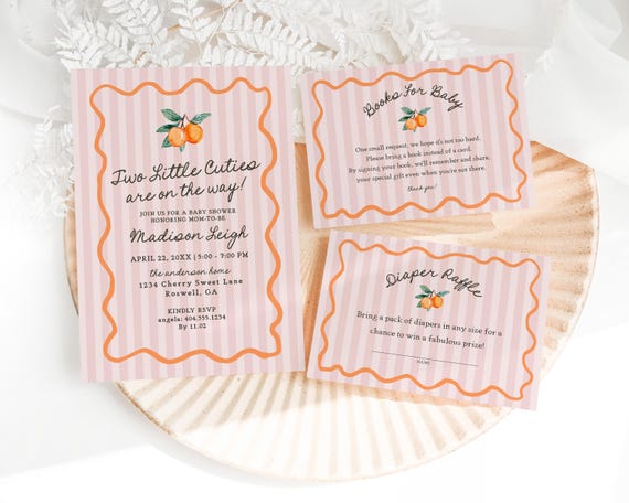 Pink Two Little Cuties Twins Baby Shower Invitation Template, Pastel Citrus Baby Sprinkle for Summer Baby Shower, Retro Clementine WP1050