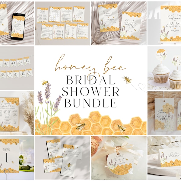 Honey Bee Bridal Shower Bundle Printable, Engagement Shower, wedding shower invites Template, Editable Template, Bridal Shower Games