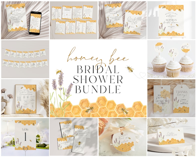 Honey Bee Bridal Shower Bundle Printable, Engagement Shower, wedding shower invites Template, Editable Template, Bridal Shower Games, WP3041 image 1