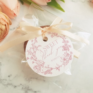 Etiquetas para lembrancinhas de chá de panela rosa Chinoiserie, modelo para impressão, chá de bebê Pink Toile Baby in Bloom, etiqueta floral para festa de aniversário WP1010