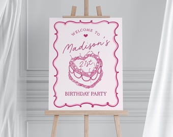 Pink Coquette Heart Cake Birthday Welcome Sign Printable Template, Retro Cherry Sweet February Theme Vintage Birthday Party Decor,  WP1008
