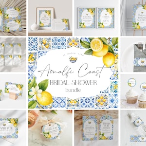 Amalfi Coast Bridal Shower Printable Bundle, Lemon Citrus Mediterranean shower decor with blue tile, Coastal Italian tuscan beach party