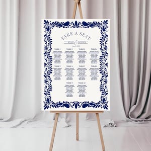 Blauwe talavera bruiloft zitplaatsen grafiek afdrukbare sjabloon, Spaanse tegel partij, Mexicaanse babyshower Fiesta meisje, bruids douche decor WP1018