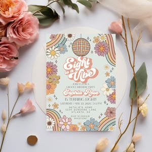 Eight is a Vibe Groovy Floral 8th Birthday Invitation Template, retro eighth birthday party invite for 70s disco party for girl