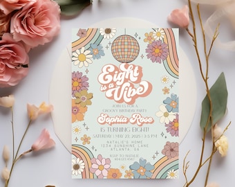 Eight is a Vibe Groovy Floral 8e verjaardagsuitnodiging sjabloon, retro achtste verjaardagsfeestje uitnodiging voor jaren 70 discofeest voor meisje, WP3034