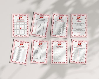 Cherry Sweet Baby Shower Games Printable Template, Cherry on Top Theme Spring or Summer Party for girl, pink and red wavy soda shop WP1009
