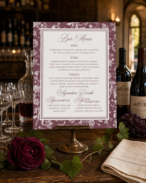 Burgundy Toile Bar Menu